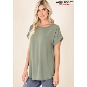 Zenana Woven Wool Dobby Rolled Sleeve Boat Neck Blouse XL khaki green office